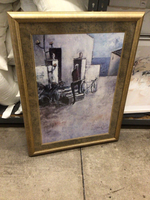 31 5/8" X 42 1/8" Gold Framed Man & Bike  Print