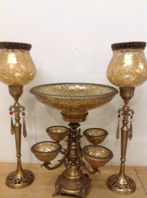 3 Pc Gold Mosiac Glass Epergne W 2 Candle Holders