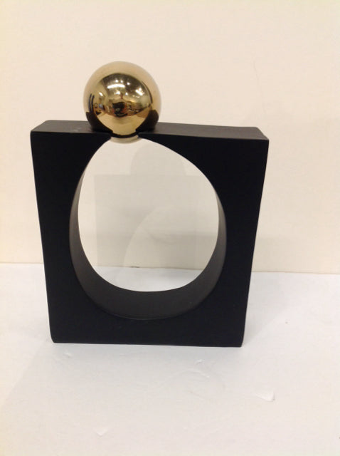 7"Sq Black Wood Abstract Sculpture w/Gold Ball