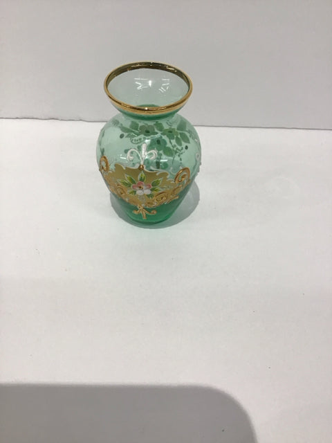 3" Green Glass Vase w/Floral Decor