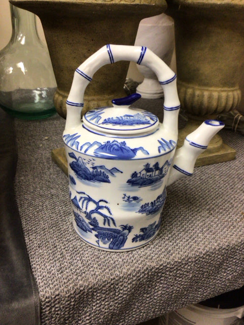 10" Blue & White Ceramic Pitcher Bamboo Style Handle