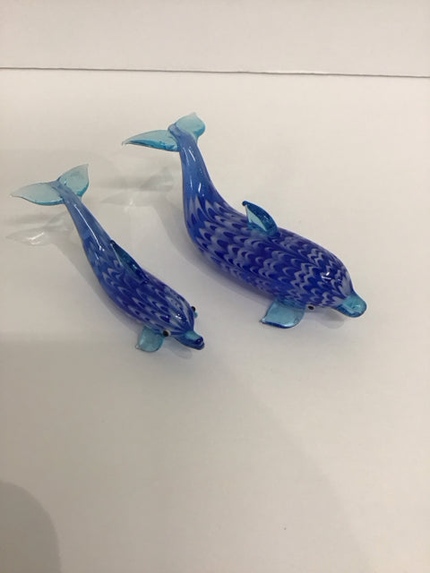 Pair Art Glass Blue Dolphins