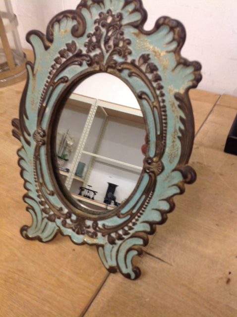 10" Aged Green Metal Mirror On Stand