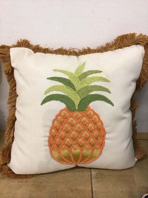 16" Cream W/Fringe Embroidered Pineapple Pillow
