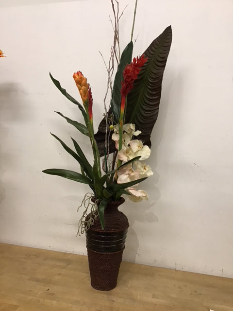 Flowers White Orchid Orange & Red Torch Ginger In Wicker Vase