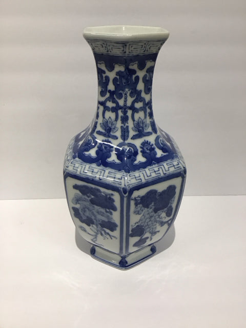14" Blue/White Painted Hexagonal Vase