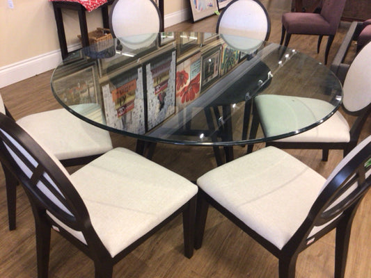 As-Is Custom Bassett Round Beveled Glass Top Pedestal Dining Table