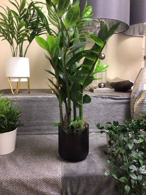 27 1/2" Faux Small Palm In Grey Grooves Glass Planter