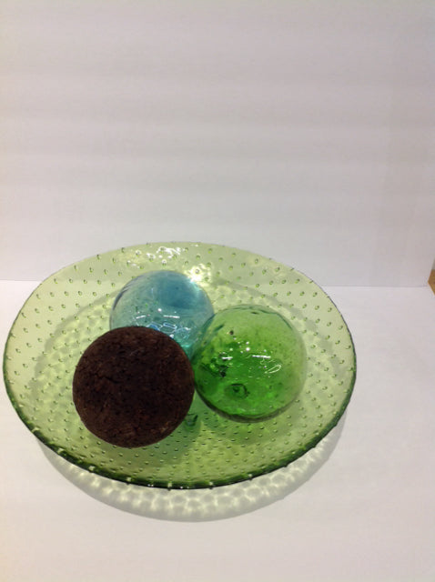 Green Glass Bowl w/Glass & Wood Orbs