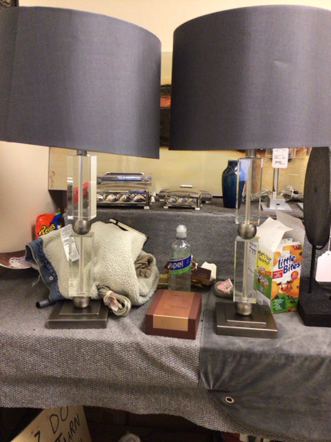 Pair Of Havertys Glass Table Lamp W/Grey Shades