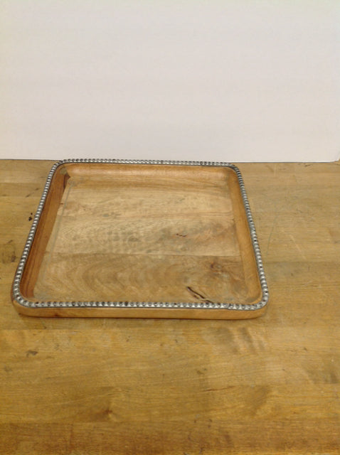13.5" Square Wood Tray With Metal Rim