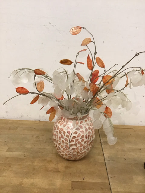 Faux Orange & White Lunaria Flowers In Resin Shell Vase