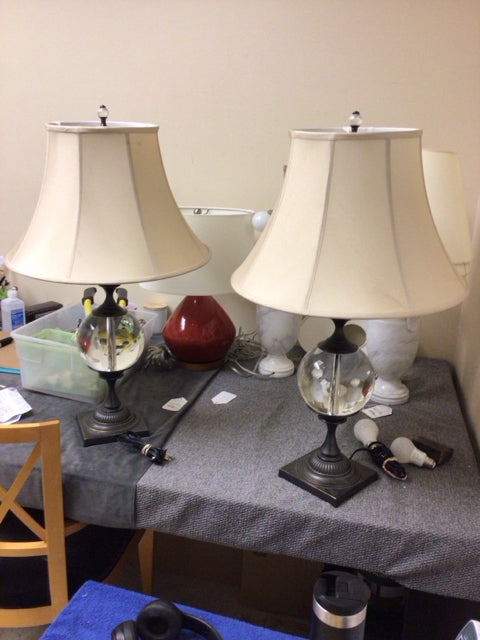AS-IS Pair Of RH Crystal Ball Table Lamps W/ Shades(Shade Bent)