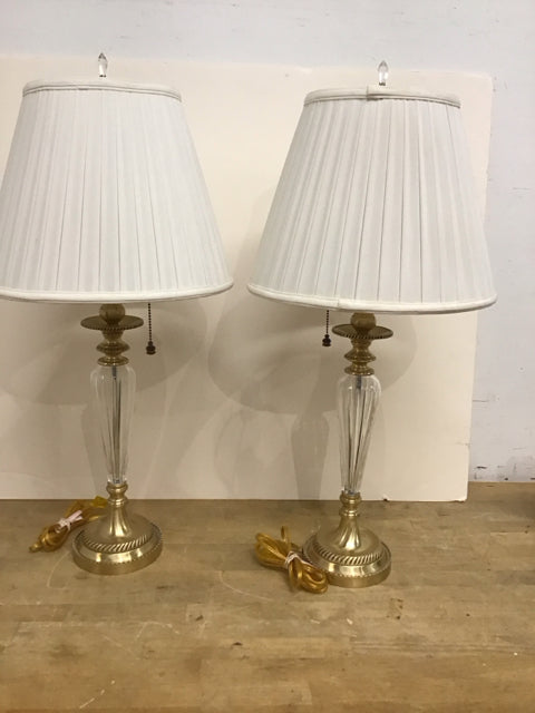 Pair Quoisel Glass Column Lamps w/Brass Base
