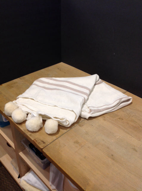 Tan Woven Throw w/Dangling String Balls
