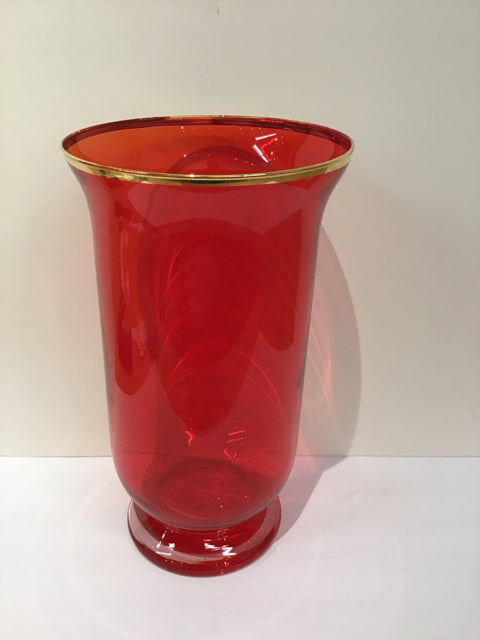 14"Rd Red Glass w/Gold Rim Hurricane Candle Holder