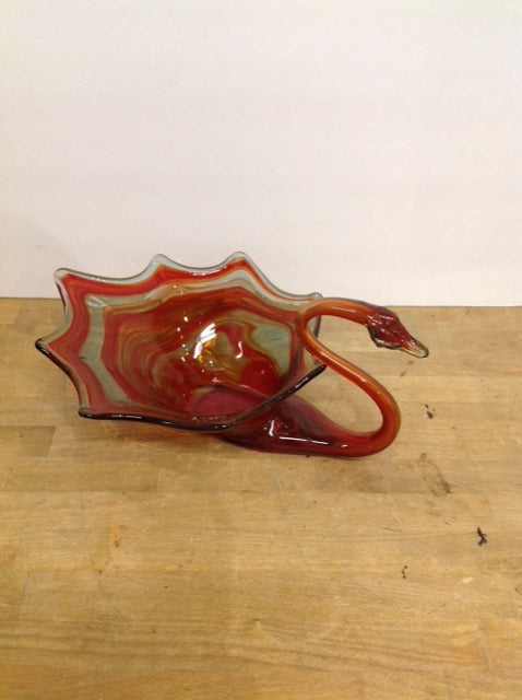 Orange Swirl Art Deco Glass Swan Bowl