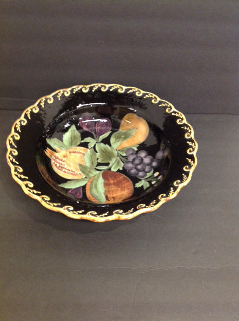 14" Gold Rimmed Ceramic Bowl w/Painted Flowers