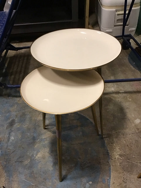 Set Of 2 Cream Enamel Gold Nesting Tables