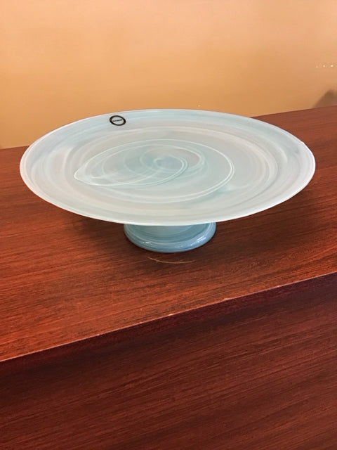 13" Blue Swirl Footed Cake Plate