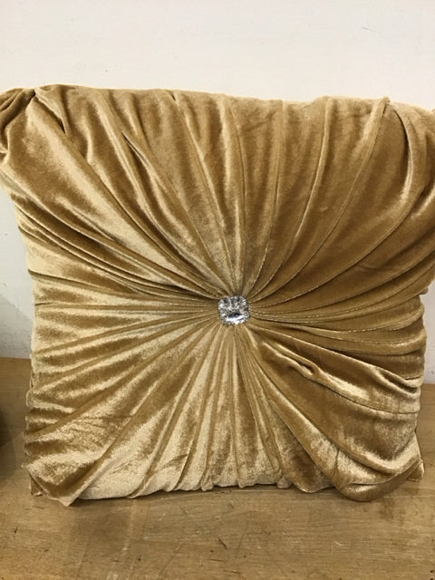 16" Sq. Gold Velvet Crystal Tufted Pillow
