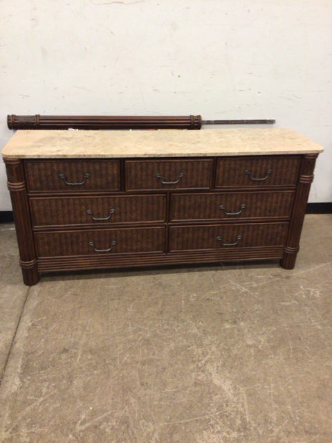 Tommy Bahama Style Seven Drawer Stone Top Dresser W/Mirror