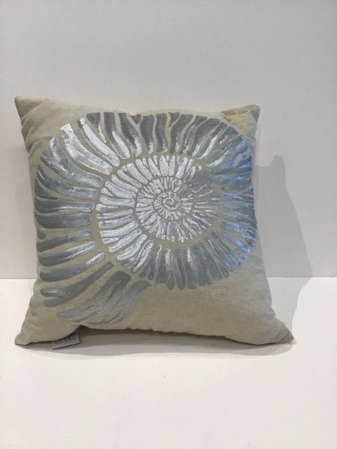 Linen Pillow w/Silver Sequined Sea Shell