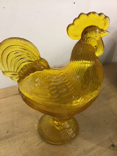 9" Amber Glass Rooster Lidded Bowl