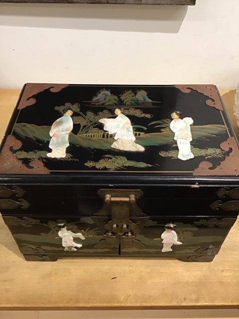14"x10" Vintage Asian Black Lacquer Jewelry Box