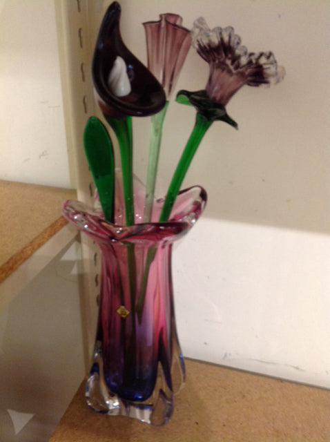 Vase- 13" Pink Art Glas W Glass Flowers