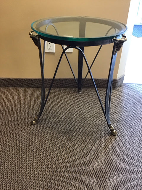 20"x24" Vintage Round Rams Head Glass Top Metal End Table