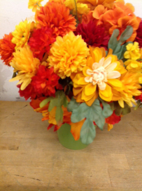 13" Mixed Fall Floral In Green Vase