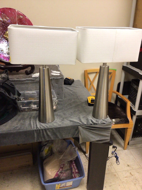 26" Pair Of Chrome Metal Table Lamps W/Shades