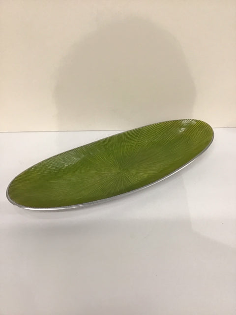 Silver Oval Bowl w/Green Abstract Design