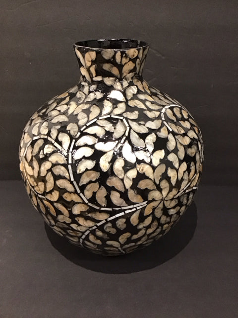 14" Black MOP Mosaic Bulbous Vase w/Florals