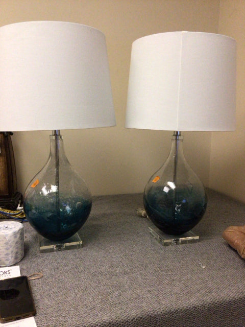 Pair Of Blue/Clear Bubble Glass Table Lamps W/Shades