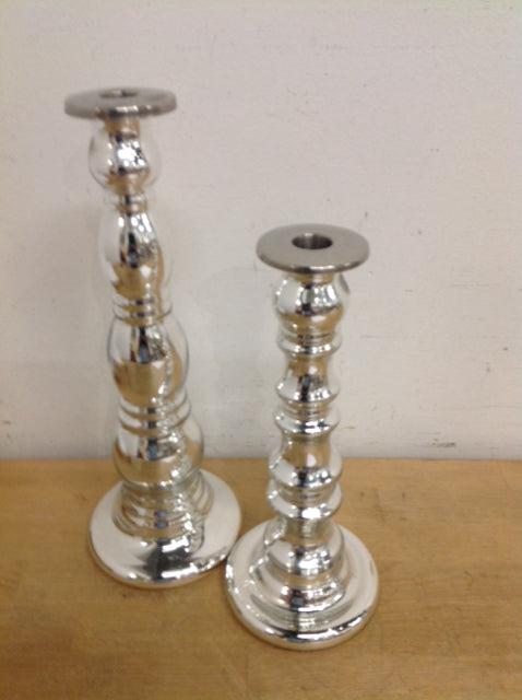 Candle Holders - Pair Of Silver Ceramic