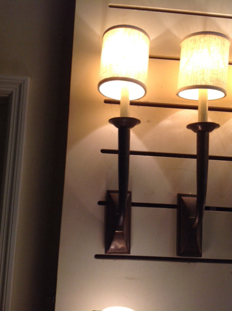 Sconce- Pair Of Brass Metal Linen Shades