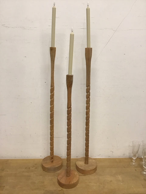 Set Of 3 Wooden Floor Cadlesticks W/Battery Operated Candles