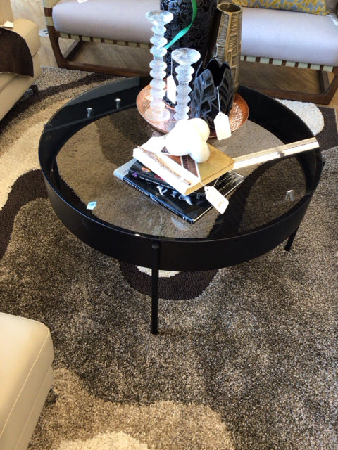 34 1/2" Round Black Metal Glass Top Coffee Table
