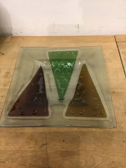10.5" Sq. Green Glass Triangle Tray