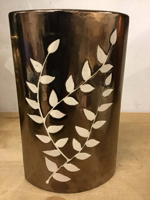 10" Bronze Ceramic Flat Oval W/Ivory Leaf Detail Vase