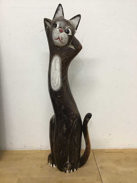 26" Wood Carved Black & White Cat Statue