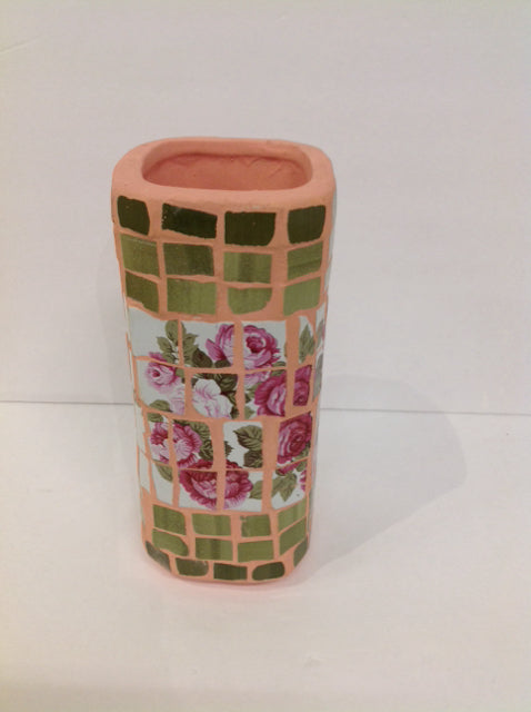 9" Pink Ceramic Vase w/Flower Tiles Design