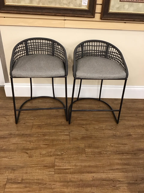 Set/2 Dk Grey Fabric Bar Stools w/ Black Metal Frame