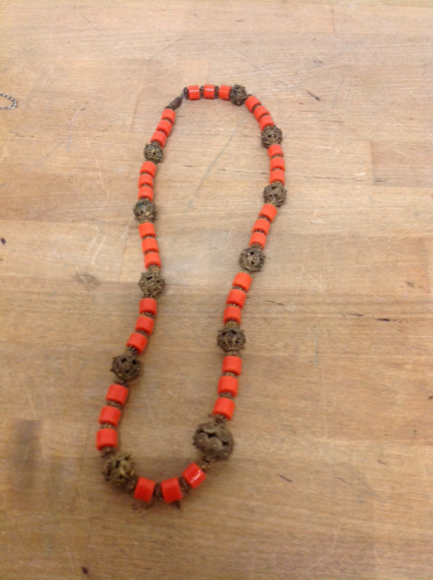 Necklace- Coral & Brass Beaded