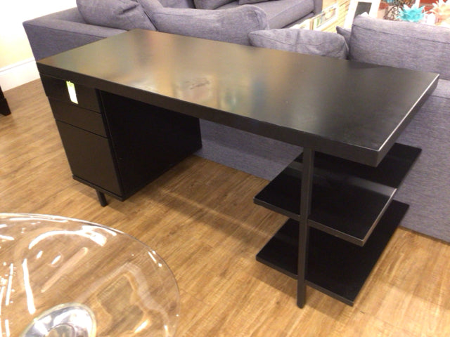 AS-IS CB2 Stairway 3 Drawer Black Wood Desk W/Shelves(Top Damage)
