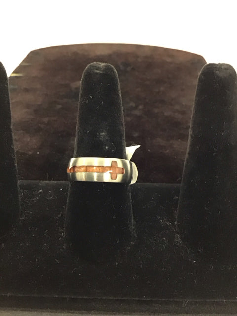 Men's Stainless Steel Ring w/Wood Cross Inlay
