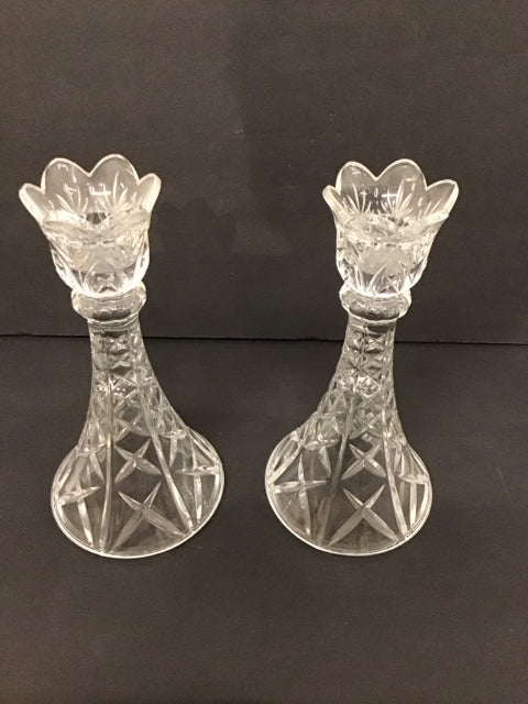 8" Pair Lead Crystal De Plomb Candlesticks