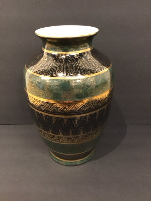12" Ceramic Vase w/Black Gold Accents